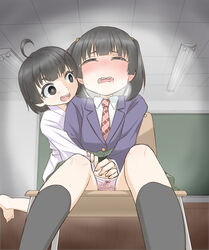 2girls ahoge bangs barefoot black_eyes black_hair black_legwear blue_jacket blush bow bow_panties breath chair chalkboard classroom closed_eyes clothing commentary_request drooling embarrassed fingering flat_chest floating ghost green_skirt hair_tie hand_under_clothes happy haragon have_to_pee highres indoors jacket kneehighs light_blush long_sleeves looking_at_another miniskirt multiple_girls necktie nose_blush open_mouth original panties pantyshot pantyshot_(sitting) peeing peeing_self pink_panties plaid plaid_skirt pleated_skirt red_neckwear saliva school_uniform shiny shiny_hair shirt short_hair sitting skirt smile sweat tears teeth textless tied_hair twintails underwear upskirt wet wet_clothes wet_panties white_shirt yuri