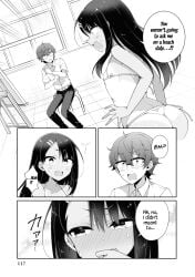 1boy 1girls 774_(nanashi) ass butt english_text female hayase_nagatoro human male monochrome naoto_hachioji_(senpai) official_art please_don't_bully_me,_nagatoro speech_bubble tanline text text_bubble