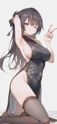 ai_assisted arm_behind_head armpits ass_visible_through_thighs big_breasts black_dress black_hair black_thighhighs blush breasts chinese_clothes groin hair_ribbon jyabochii licking_own_lips long_hair no_bra no_panties on_knees peace_sign pelvic_curtain purple_eyes sideboob sleeveless_dress suou_yuki thighhighs thighs tokidoki_bosotto_russian_de_dereru_tonari_no_alya-san tongue wink zettai_ryouiki