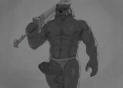 anthro balls black_sclera blaidd_(elden_ring) canid canine canis clothing clothing_aside elden_ring erection fangs fromsoftware fur genitals hi_res humanoid_genitalia humanoid_penis kyomiqc looking_down male male_focus male_only mammal melee_weapon muscular muscular_anthro muscular_male nipples nude penis scar solo sword teeth underwear underwear_aside weapon wolf