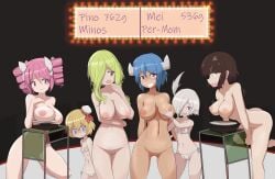 6+girls absurdres ass bikini black_background blonde_hair blue_eyes blue_hair bouncing_breasts bow breast_conscious breasts brown_hair closed_mouth competition completely_nude cow_girl cow_horns cow_tail drill_hair feet_out_of_frame grabbing grabbing_another's_breast grin hair_over_one_eye hairbow hat highres horns indoors jashin-chan_dropkick large_breasts lierre long_hair looking_at_another looking_at_viewer micro_bikini mini_hat minos_(jashin-chan_dropkick) minos_drawfag multiple_girls navel nipples nude open_mouth persephone_(jashin-chan_dropkick) persephone_ii pink_eyes pink_hair pino_(jashin-chan_dropkick) pointy_ears pussy shaded_face short_hair side-tie_bikini_bottom simple_background smile swimsuit tachibana_mei_(jashin-chan_dropkick) tail thong_bikini twin_drills wavy_mouth weighing_breasts weighing_scale white_bikini white_hair wide-eyed