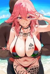 1boy 1girls ai_generated background big_breasts bikini dark-skinned_male genshin_impact hand_on_breast himeno interracial light-skinned_female outdoors pan-african_flag pink_hair purple_eyes qos qos_tattoo queen_of_spades queen_of_spades_symbol queen_of_spades_tattoo spade_tattoo spade_vine_tattoo tagme tattoo vine_tattoo yae_miko