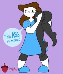 2girls angry angry_eyes angry_face ass ass_focus ass_slap black_eyes black_leggings black_legwear blue_dress blue_shoes brown_hair brown_hair_female carrying_over_shoulder carrying_partner carrying_person dialogue dialogue_bubble female female_focus female_only jaiden jaiden_animations leggings let_me_explain_studios multiple_girls no_mouth obscured_face pale-skinned_female pale_skin purple_background real_person rebecca_parham squirrellewds white_skin white_skinned_female youtube youtuber youtuber_girl yuri