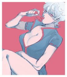 big_breasts bottomless canon_genderswap cleavage eighthousand female female_only genderswap_(mtf) ginko_sakata gintama gintoki_sakata lollipop looking_at_viewer open_mouth popped_collar red_background red_eyes restricted_palette rule_63 screentone short_hair solo tongue_out very_short_hair white_hair