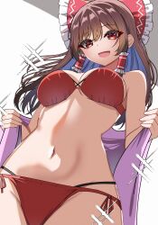 absurdres alternate_costume bikini bow brown_hair commentary female frilled_bow frilled_hair_tubes frills hair_tubes hairbow hakurei_reimu highres kiui_(dagk8254) long_hair looking_at_viewer midriff navel open_mouth red_bikini red_bow red_eyes reimu_hakurei smile solo swimsuit touhou