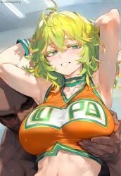 1boy 1girls ai_generated armpits arms_up big_breasts blush boku_no_hero_academia breast_grab cheerleader dark-skinned_male dark_skin green_eyes green_hair huge_breasts interracial light-skinned_female light_skin looking_at_viewer massive_breasts medium_hair multicolored_hair muscular_male my_hero_academia nakatori nude nude_male shounen_jump smiling squatting sweat sweatdrop tooru_hagakure tooru_hagakure_(visible) voluptuous voluptuous_female