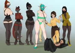 6+girls arms_behind_back black_hair blonde_hair bondage bound bound_arms coffle dark_skin dark_skinned_female demon_girl elf elf_female female_only gag gagged gubblenub huge_breasts large_breasts lezdom multiple_girls panel_gag pointy_ears red_hair red_skin red_skinned_female stepping_on_breast