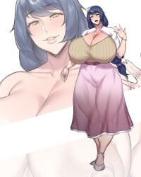 big_breasts blue_hair exhibitionism huge_breasts long_hair looking_at_viewer married_woman masako_(natedecock) natedecock no_panties pussy_visible_through_clothes smiling_at_viewer transparent_clothing