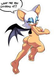 absurd_res anthro ass bat big_butt big_ears breasts eyeshadow feet female fur green_eyes hi_res makeup mammal nude nude_female rouge_the_bat sega solo sonic_(series) sonic_the_hedgehog_(series) speech_bubble tail white_body white_fur wings xao_art