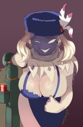 amputated_arm big_breasts black_dahlia clovernuts dress feathers gloves hat skullgirls smirk smug sweat sweating video_games weapon white_hair