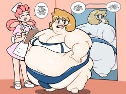 2girls bbw big_breasts blonde_hair blue_eyes blush dialogue double_chin fat fat_ass fat_belly fat_butt fat_female fat_fetish fat_thighs fat_woman female female_only hi_res highres huge_belly kasumi_(pokemon) mawashi mirror mirror_reflection morbidly_obese morbidly_obese_female nurse_joy obese pink_hair pokemon speech_bubble ssbbw sumo superspoe