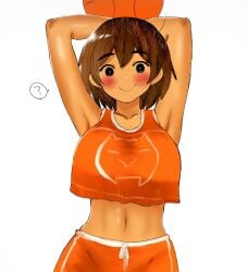 1girls :> ? armpits arms_up aroma_ga_umaize basketball belly_button big_breasts blush brown_hair female femkel_(omori) genderswap genderswap_(mtf) iwannalickherarmpits jersey kel_(omori) large_breasts midriff omori orange_shorts orange_topwear question_mark rule_63 shorts smile smiling sole_female solo speech_bubble sports_jersey standing straight_hair tan_body tan_skin tan_skinned_female