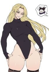 athletic_female bare_hips bare_legs bare_thighs big_breasts blonde_hair blush choso_kamo embarrassed embarrassed_female hourglass_figure jujutsu_kaisen long_hair mg99 mg991998 muscular_female slim_waist teenager thick_thighs thighhighs tight_fit wide_hips yuki_tsukumo