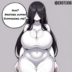 ai_generated big_breasts black_hair breasts cleavage collarbone curvy erotix96 faceless_female female female_only ghost ghost_girl gigantic_breasts hair_covering_eye huge_ass huge_breasts long_hair looking_at_viewer nightmare_waifu pale_skin simple_background solo speech_bubble submissive_female the_ring thick_body thick_thighs voluptuous voluptuous_female white_background white_dress yamamura_sadako