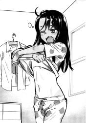 1female 1girls 774_(nanashi) bottomwear bow bow_panties canon closed_eyes clothes clothing drawstring drawstring_bottomwear eyes_closed female female_focus female_only girl hayase_nagatoro human human_female human_focus long_hair monochrome mouth_open navel official_art one_eye_closed open_mouth pajama_pants pajama_shirt pajamas panties please_don't_bully_me,_nagatoro solo solo_female solo_focus taking_clothes_off taking_off_shirt topwear