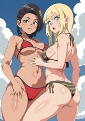 2girls ass azucena_milagros_ortiz_castillo bandai_namco beach big_ass big_breasts bikini blonde_hair blue_eyes breasts brown_hair core_rincon dark-skinned_female dark_skin emilie_de_rochefort european_female fighting_game flower_in_hair gray_eyes latina light-skinned_female light_skin looking_at_viewer multiple_girls namco peruvian peruvian_female pose standing tekken tekken_8 thick_thighs video_game_character wide_hips