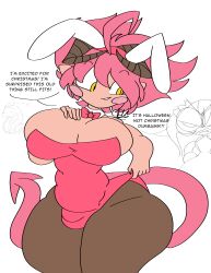 1futa ava_(cdknsfw) blush bowtie breasts bunny_ears bunnysuit cdk cdk_(cdk) christmas comedy demon demon_girl demon_horns demon_tail dialogue digital_media_(artwork) fully_clothed funny futanari halloween halloween_costume horns huge_ass large_breasts pink_clothing pink_hair pink_tail pulling_clothing scribbles_(cdknsfw) short_hair succubus thick_thighs thin_waist tights watermark wide_hips yellow_eyes