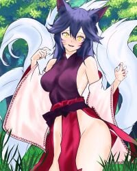 1girls 2d ahri animal_ear_fluff animal_ears animal_tail bangs bare_shoulders big_breasts black_hair blue_hair blush breasts cat_ears claw_pose cleavage clothing cowboy_shot curled_fingers day default_ahri detached_sleeves dress drintrava eyebrows eyebrows_visible_through_hair facial_mark fang female female_focus female_only fingernails forest fox_ears fox_girl fox_humanoid fox_tail grass groin hair_between_eyes hands_up high_resolution impossible_clothes kimono korean_clothes kumiho large_breasts large_filesize large_tail league_of_legends league_of_legends:_wild_rift long_fingernails long_hair long_sleeves looking_at_viewer medium_breasts multicolored_hair multiple_tails nail_polish nature no_bra nopan open-mouth_smile open_mouth original outdoors parted_lips patreon_username pelvic_curtain pink_nails pixiv_id pixiv_username riot_games robe sash scowl sharp_fingernails sideboob sidelocks sleeveless slit_pupils smile solo standing tagme tail tails thighs traditional_clothes tree twitter_username username very_high_resolution very_long_hair wafuku whisker_markings wide_sleeves wolf_ears wolf_tail yellow_eyes