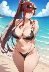 ai_generated beach bikini black_bikini bombacopta erza_scarlet fairy_tail grin hands_behind_back ponytail sunglasses_on_head