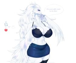 1girls anthro big_breasts blue_eyes breasts cleavage clothed clothing dialogue dragon english_text female female_only fluffymonsterart fur generation_5_pokemon hair hi_res legendary_pokemon legwear long_hair looking_at_viewer mythological_creature mythological_scalie mythology nintendo pokemon pokemon_(species) pokemorph reshiram scalie simple_background solo speech_bubble stockings strip_game tail talking_to_viewer thigh_highs white_background white_body white_fur white_hair