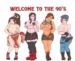 4girls abs areola_slip areolae athletic backpack bag bare_legs bare_shoulders belt beret biceps big_breasts black_hair blue_eyes boots braid breasts brown_eyes brown_hair busty capcom clothing crossover eastern_and_western_character fatal_fury female female_focus female_only final_fantasy final_fantasy_vii fingerless_gloves footwear handwear headgear hourglass_figure human inverted_nipples jill_valentine jill_valentine_(julia_voth) king_of_fighters kunoichi lara_croft lara_croft_(classic) large_breasts lewddragon5 long_hair mai_shiranui miniskirt multiple_girls muscles muscular muscular_female muscular_thighs navel nipples pants pinup resident_evil short_hair short_shorts snk tagme tank_top tank_top_lift tank_top_pull thick_thighs thighhighs tifa_lockhart tomb_raider white_background wide_hips