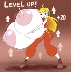 android blonde_hair blush breast_expansion cave_story curly_brace english_text holding_breast hyper_breasts metachoke pink_nipples power_up robot robot_girl robot_humanoid white_skin wink