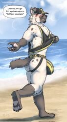 anthro ass beach big_bulge blush bulge clothing hat headgear headwear hi_res hyena jockstrap male mammal outside theopieart underwear