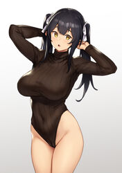 1girls big_breasts black_hair breasts cleavage elf elf_(houtengeki) female female_only houtengeki large_breasts leotard looking_at_viewer solo yellow_eyes