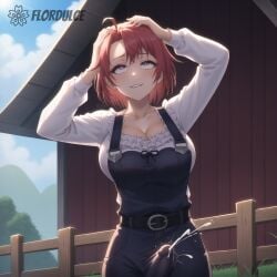 1futa ai_generated biting_lip biting_own_lip cleavage covered_penis cow_girl_(goblin_slayer) cum cumming cumshot ejaculating_cum ejaculation ejaculation_under_clothes erect_penis erection erection_under_clothes erection_under_clothing flordulce futa_only futanari goblin_slayer hands_on_head orgasm outdoors overalls penis penis_under_clothes purple_eyes red_hair rolling_eyes short_hair solo_futa standing white_shirt