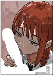 1boy black_necktie blank_censor border braid censored chainsaw_man commentary_request cum cum_on_body cum_on_hair facial fellatio female fuyudori_yukino highres licking licking_penis makima_(chainsaw_man) necktie oral penis pov red_hair ringed_eyes shirt straight white_border white_shirt yellow_eyes