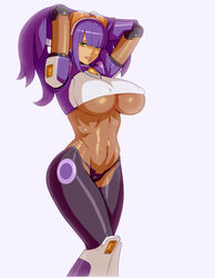 1girls android armpits arms_up bangs capcom covered_nipples dark-skinned_female dark_skin female green_eyes hands_in_hair headset highres ictiwinter large_breasts layer long_hair looking_at_viewer materclaws mega_man mega_man_x mole navel nipples purple_hair reploid simple_background smile solo underboob white_background