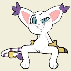1:1 2019 3_toes blue_eyes blush clothing digimon digimon_(species) ear_tuft felid feline felis female feral fur furry furry_only gatomon gloves grin handwear hi_res itsunknownanon looking_at_viewer paws pussy seductive sitting smile solo spread_legs spreading striped_tail stripes tail teeth toes tuft video_games white_body white_fur