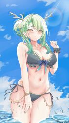 1girls 2d 2d_(artwork) alternate_hairstyle belly_button big_breasts bikini bikini_bottom bikini_top blush bra branches ceres_fauna cleavage clouds day female female_focus female_only flower flower_in_hair green_hair high_resolution highres hololive hololive_english hololive_english_-council- hololive_english_-promise- horns hourglass_figure light-skinned_female light_skin looking_at_viewer medium_hair mole mole_under_eye multi-strapped_bikini navel ocean outdoors sky solo solo_female solo_focus standing standing_in_water summer swimsuit thong thong_bikini two_piece_swimsuit varo_006 virtual_youtuber vtuber vtuberfanart water wet wet_body yellow_eyes young younger_female