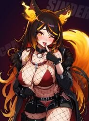 1girls animal_ears belly_button belt black_gloves black_nails blush bra breasts brown_hair chains character_name cleavage clickdraws clothed clothing collar cosplay female female_only fingerless_gloves fire fire_tail fishnets gloves heart-shaped_pupil hellhound huge_breasts indie_virtual_youtuber jacket light-skinned_female light_skin looking_at_viewer monster_girl one_eye_closed orange_eye panties red_bra red_panties revealing_clothes shorts sinder_(vtuber) solo symbol-shaped_pupil tail tongue tongue_out touching_tongue unbuttoned unbuttoned_shorts virtual_youtuber wink wolf_ears wolf_girl wolf_tail