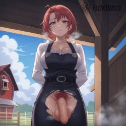 1futa ai_generated ball_hair balls breasts cleavage cow_girl_(goblin_slayer) crotchless flaccid flaccid_penis flordulce foreskin futa_only futanari goblin_slayer hairy_balls hairy_testicles huge_breasts lost_clothes outdoors overalls partially_retracted_foreskin penis penis_out pubic_hair purple_eyes red_hair short_hair solo standing steam sweat sweating testicles uncut white_shirt