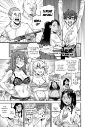 774_(nanashi) blush blush_lines blushing bow bow_bra bow_panties bra breasts cleavage comic comic_page english_text female gamo-chan gun hayase_nagatoro holding_gun holding_object holding_shotgun holding_weapon human male matching_underwear monochrome motion_lines multiple_boys multiple_girls naoto_hachioji_(senpai) object official_art page_20 panties please_don't_bully_me,_nagatoro sakura_(nagatoro) shotgun text volume_5 weapon yoshi_(nagatoro)