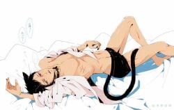 aomine_daiki cat_ears cat_tail catboy collar daiki_aomine femboy kuroko's_basketball kuroko_no_basuke laying_on_bed pretty_boy tan_skin twink