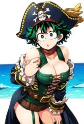 1girls adult_swim ai_generated back back_view big_breasts blush boku_no_hero_academia crossgender curly_hair curvaceous curvy farichada female female_deku gender_transformation genderswap_(mtf) green_eyes green_hair heavy_makeup hi_res izuku_midoriya large_breasts makeup midoriya_izuku my_hero_academia pinup pirate pirate_hat rule_63 shiny_skin short_skirt simple_background smirk solo solo_female solo_focus tight_clothing tight_fit toonami transformation upper_body white_background