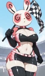 ai ai_generated anthro checkered_flag elbow_gloves midriff miniskirt pokemon pokemon_(species) race_queen sexy_body shortstack spinda thighhighs