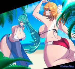 2girls ass ass_focus beach big_ass big_breasts bikini blonde_hair breasts female female_only fiora_(xenoblade) green_eyes green_hair pneuma_(xenoblade) sarong tagme thick thick_ass thick_thighs thighs voluptuous voluptuous_female wide_hips xendrawsseggs xendrawsthings xenoblade_(series) xenoblade_chronicles xenoblade_chronicles_2