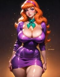 ai_generated artist_name breasts cleavage daphne_blake dress earrings female female_focus female_only fr34ky green_scarf hips huge_breasts human nails_painted nipples nipples_visible_through_clothing orange_hair orange_hair_female purple_dress purple_eyes scarf scooby-doo thick_thighs thighs warner_brothers