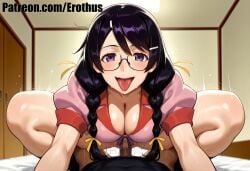1boy 1girl ai_generated bakemonogatari black_hair braid breasts cleavage cowgirl_position dark-skinned_male erothus girl_on_top glasses hair_ornament hairclip hanekawa_tsubasa hetero indoors kizumonogatari large_breasts long_hair looking_at_viewer monogatari_(series) naoetsu_high_school_uniform open_mouth penis pov purple_eyes ribbon saliva school_uniform sex solo_focus squatting_cowgirl_position straddling sweat tongue tongue_out twin_braids vaginal