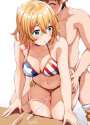 1boy 1girls blonde_bikini-san_(belko) bra cum cum_on_lower_body female male panties thick_thighs thigh_sex thighs