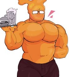 1boy arm_behind_back bara bara_tiddies bara_tits bartender blush chubby faceless faceless_male fire glasses grillby male_only man_boobs mentholplug muscular pants pecs serving_tray sketch solo solo_focus solo_male sweat topless undertale undertale_(series) white_background