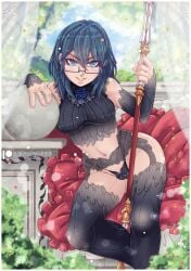 1girls ass_visible_through_thighs bare_midriff bare_shoulders bare_thighs black_panties blue_eyes breasts bush byleth_(fire_emblem) byleth_(fire_emblem)_(female) curtains detached_sleeves evil_grin evil_smile female female_only fire_emblem fire_emblem:_three_houses garter_belt gensox grin hair_between_eyes long_sleeves looking_at_viewer medium_breasts medium_hair navel nintendo outdoors panties partially_visible_vulva pillow see-through shoulders sitting smile solo spear teal_hair thighhighs thighs thong underwear weapon wide_hips