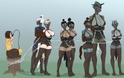 6+girls arms_behind_back black_bra black_hair blonde_hair bondage bound bound_arms bra brown_hair coffle dragon_girl female_only gubblenub horns large_breasts micro_bra multiple_girls muzzle_(object) panel_gag scalie taller_girl white_hair