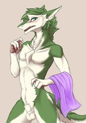 absurd_res animal_genitalia anthro balls blush dressing embarrassed fluffy furry genitals hi_res keel male pin_(pinpineapplepin) sergal sheath slim solo surprise towel towel_only yaegerarts