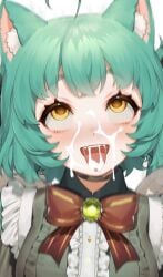 1girls ahe_gao ahoge ai_generated cat_ears cum cum_on_face cum_on_tongue female female_only girl_dm green_hair indie_virtual_youtuber looking_up sharp_teeth tongue tongue_out virtual_youtuber yellow_eyes youtube youtuber