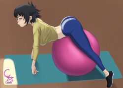 ass cockstar_studios gorillaz hi_res leggings looking_at_viewer looking_back noodle_(gorillaz) tagme yoga_ball yoga_pants yoga_pose