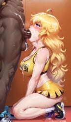 ai_generated cheerleader cheerleader_uniform cum cum_in_mouth cum_on_face dark-skinned_male fellatio interracial irrumatio jlullaby_(style) oral oral_sex rwby skirt tagme tight_clothing twistedpeach yang_xiao_long